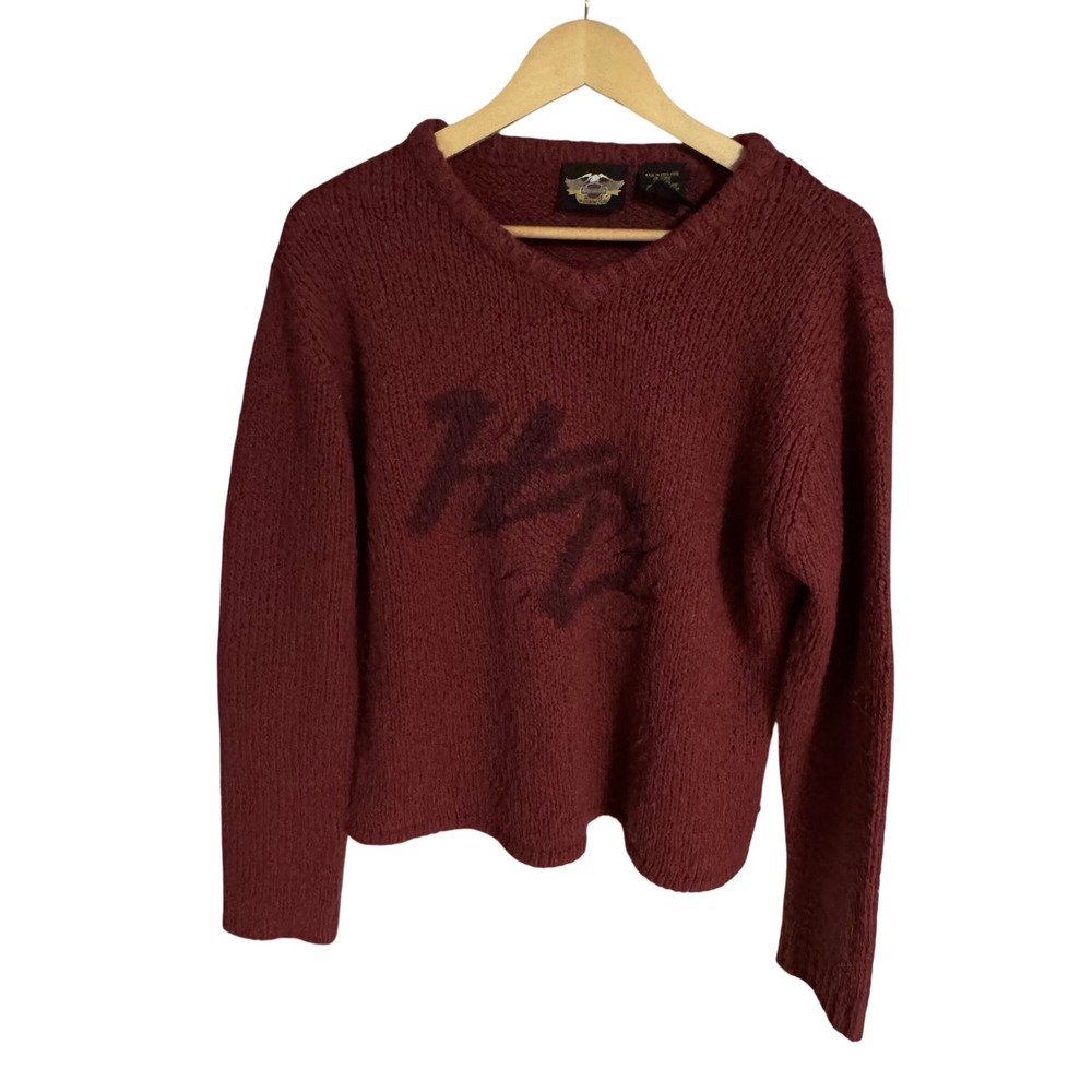 Harley Davidson Womens Burgundy Knit V Neck Sweater Rib bed Size XL wool blend - Picture 2 of 7
